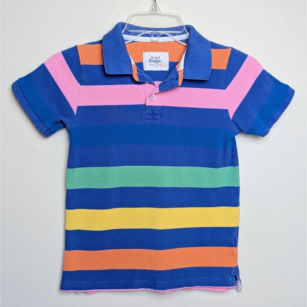 Mini Boden Colorful Rainbow Striped Polo Shirt Boys Size 7-8Y